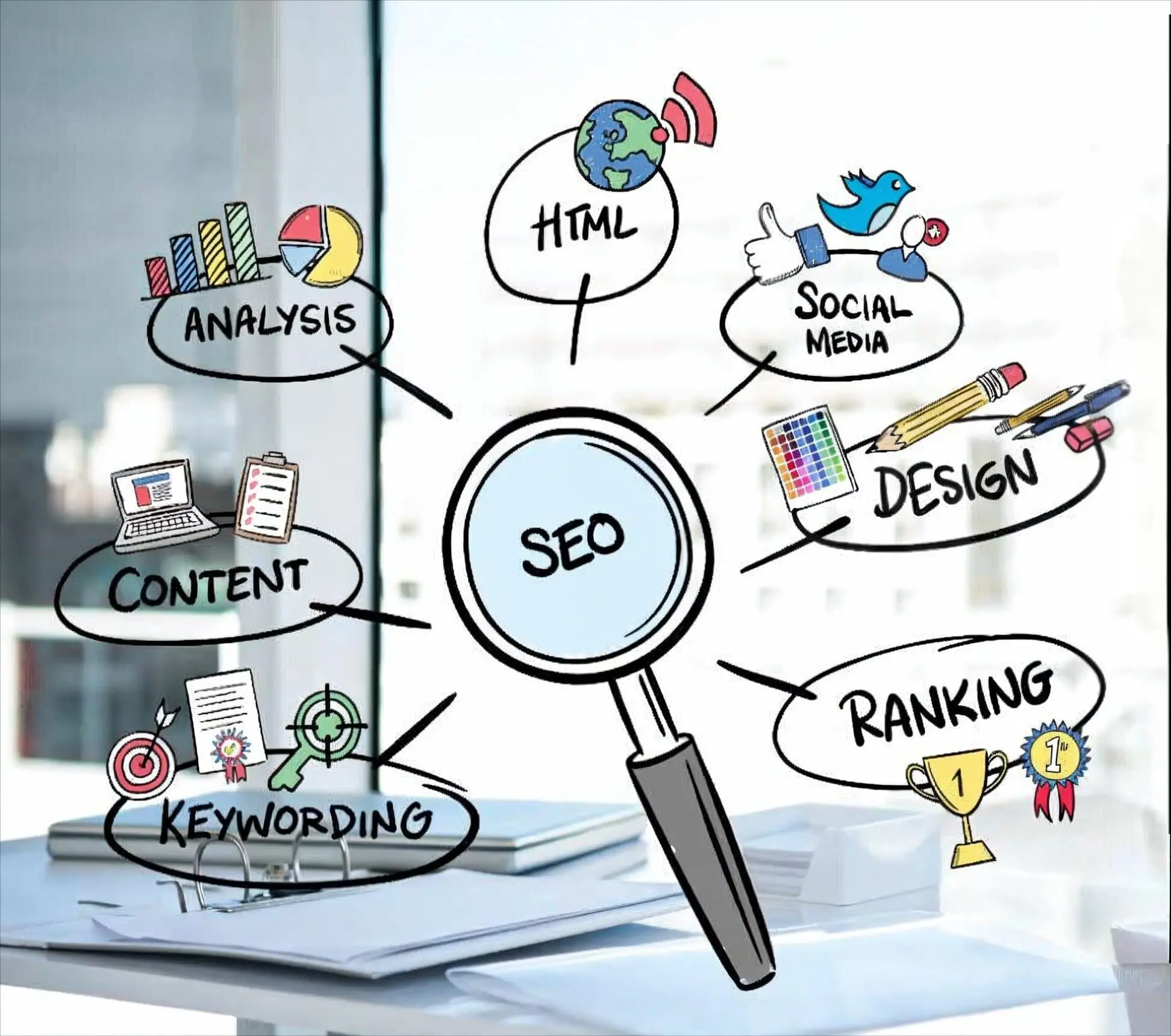 Enlaces Dofollow. Elementos clave del SEO moderno para mejorar visibilidad y autoridad Ilustración SEO sobre Enlaces Dofollow con análisis, contenido, redes sociales, diseño y ranking para mejorar la autoridad web.